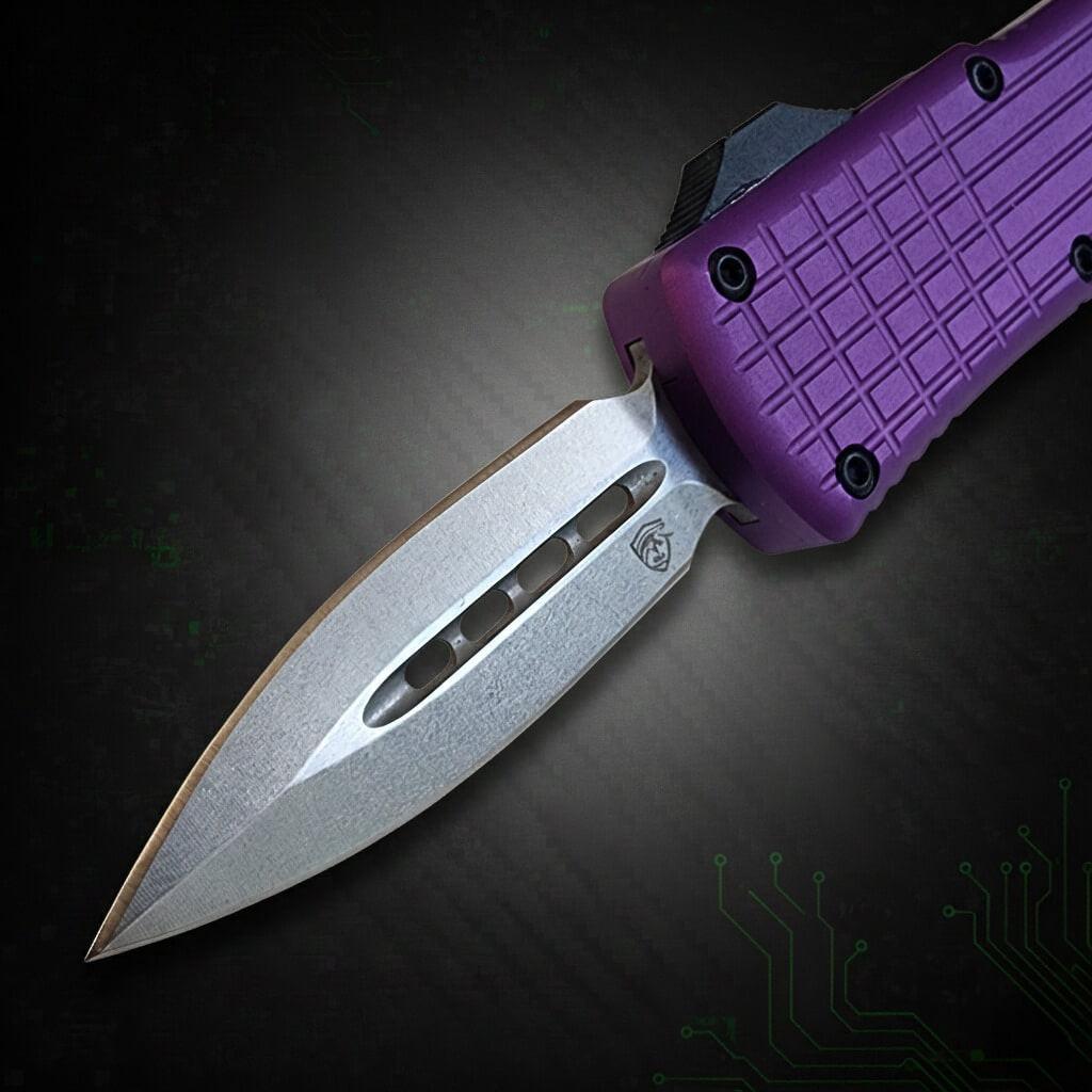 V20 Mini OTF Knife in Purple Satin finish, compact satin DE 2.0 inch blade, premium quality automatic knife