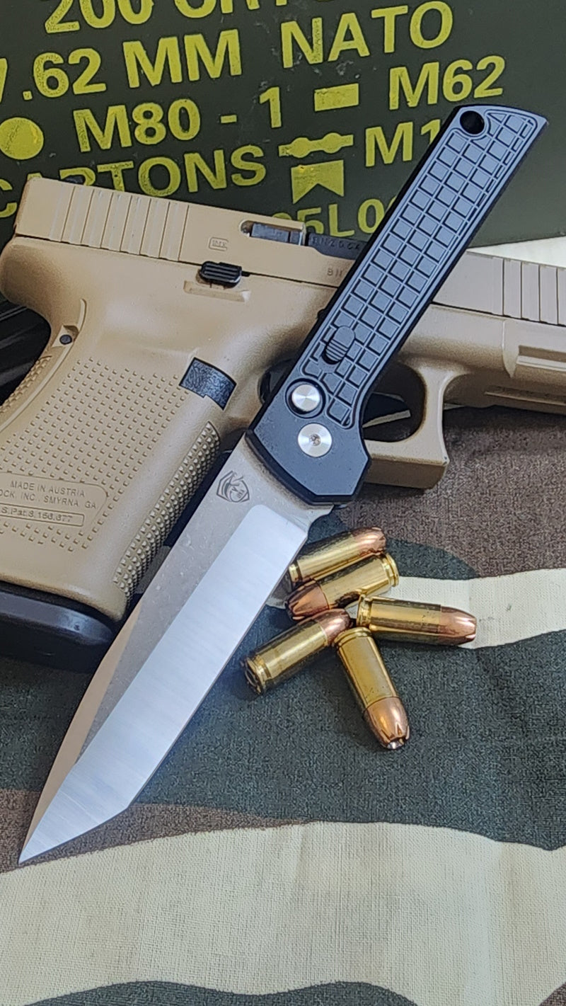 Raptor-9R Striker Automatic Knife with Satin Tanto 3.5 inch blade, durable and sleek design for precision cutting