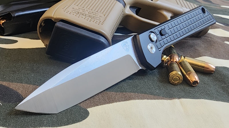 Raptor-9R Striker Automatic Knife with Satin Tanto 3.5 inch blade, durable and sleek design for precision cutting