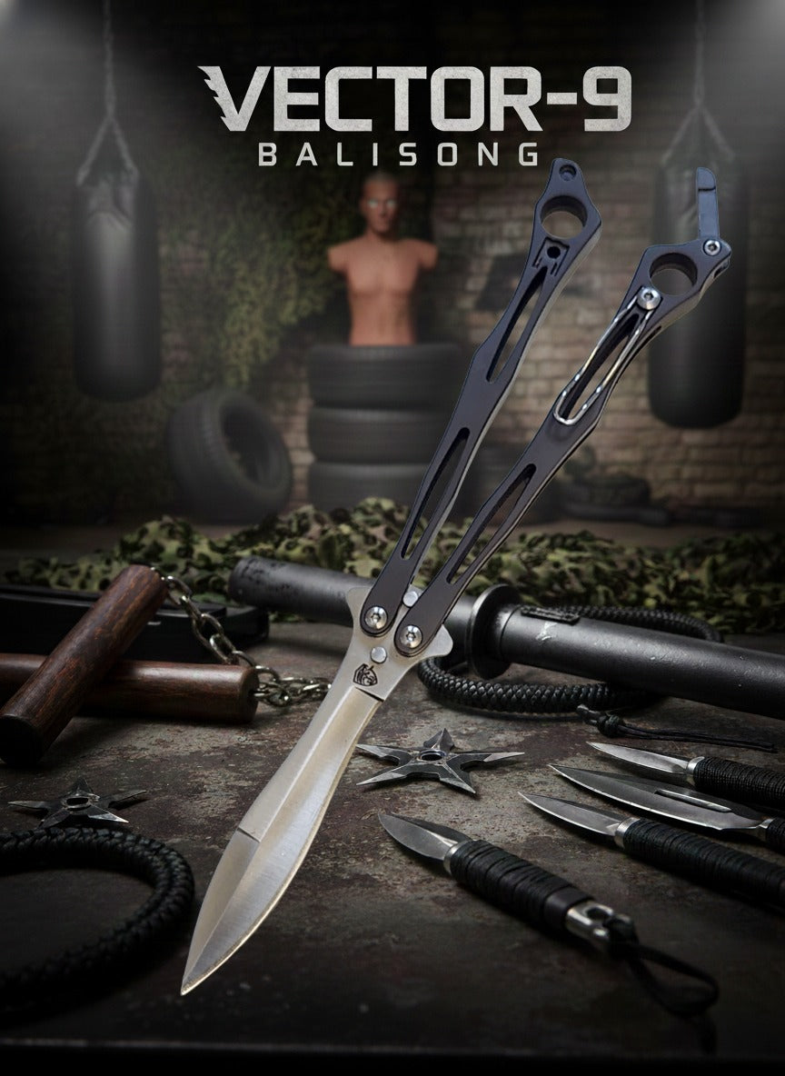 Balisong knife with tactical gear on a dark background