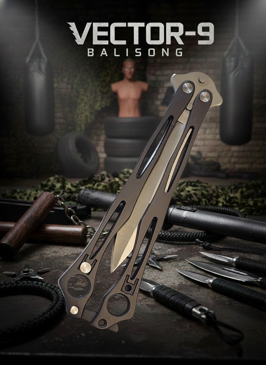 Balisong knife with 'Vector-9' branding on a dark background with weapons.