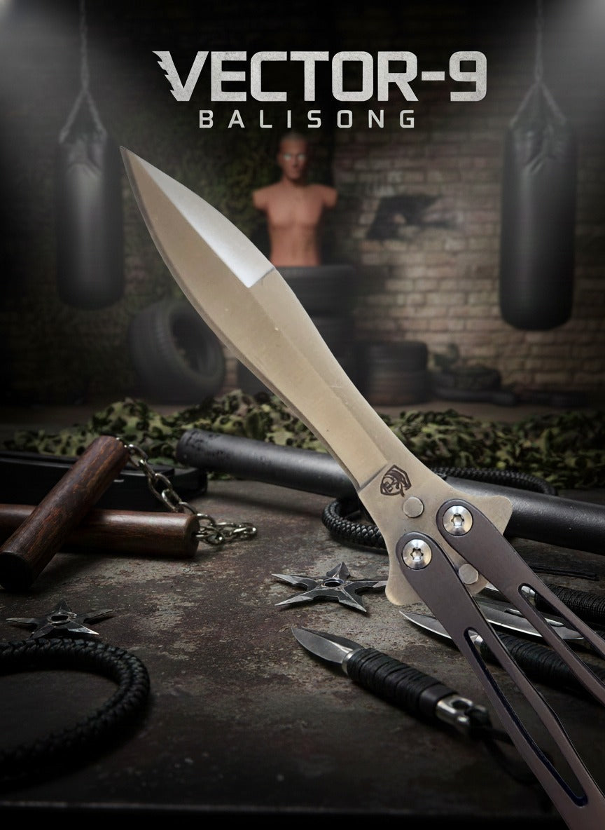 Balisong knife with 'Vector-9' branding on a dark background with training equipment.