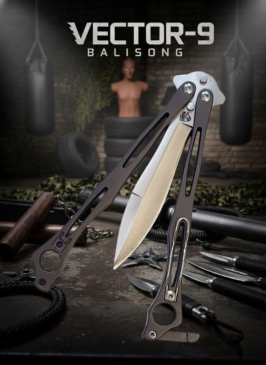 Balisong knife with 'Vector-9' branding on a dark background with tools and tires.