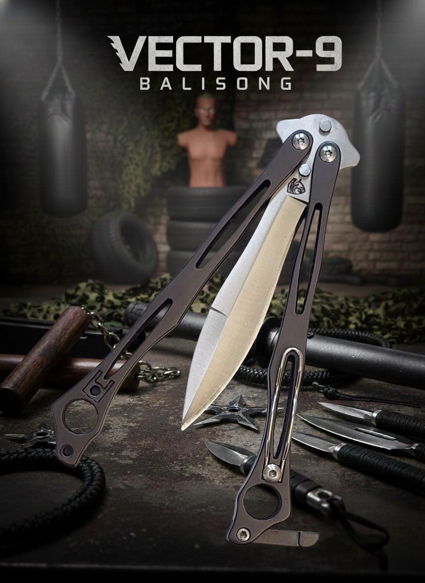 Balisong knife with 'Vector-9' branding on a dark background with tools and tires.