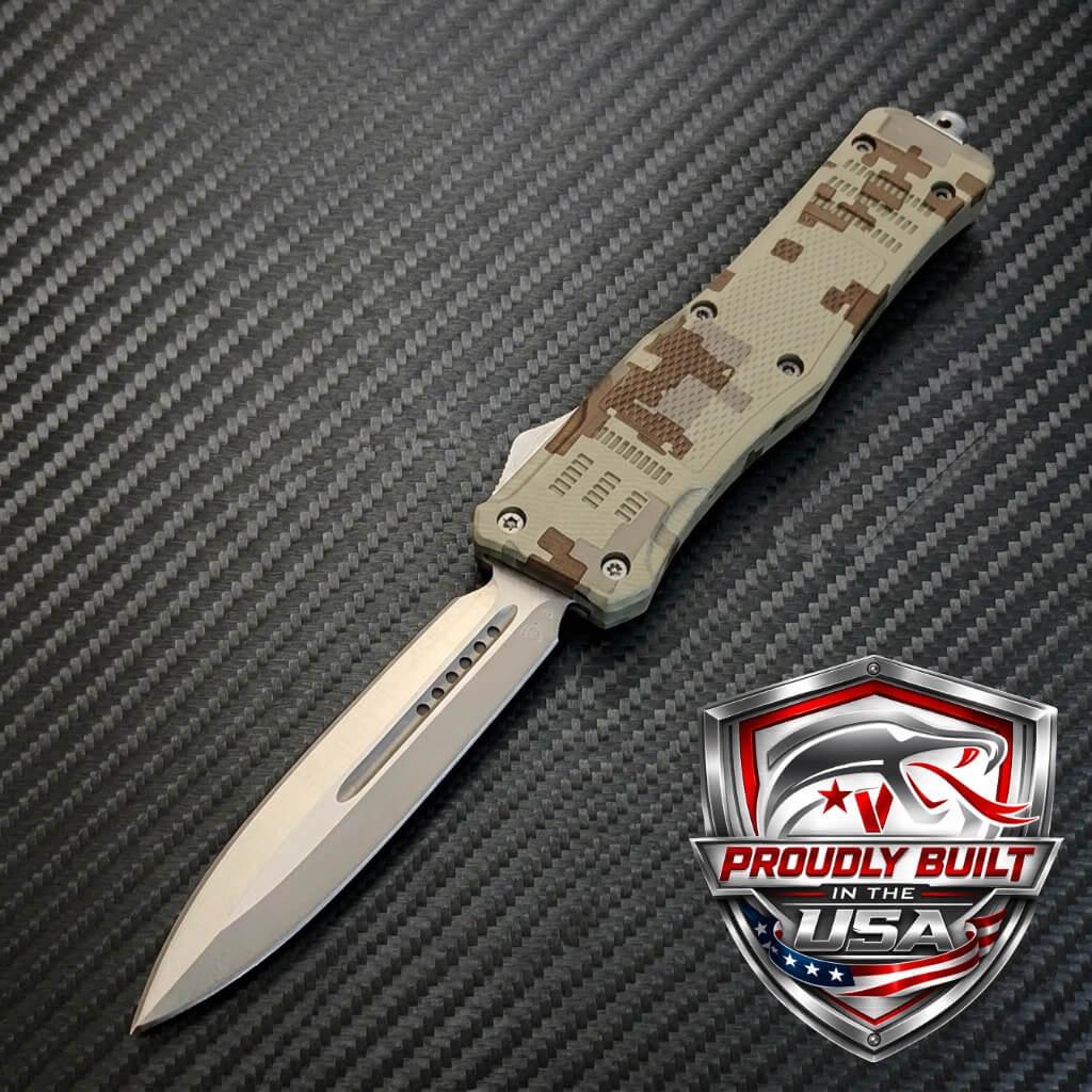 Venom 4-TR Gen 5 OTF knife in digital camo, satin DE blade, tactical venom-themed design