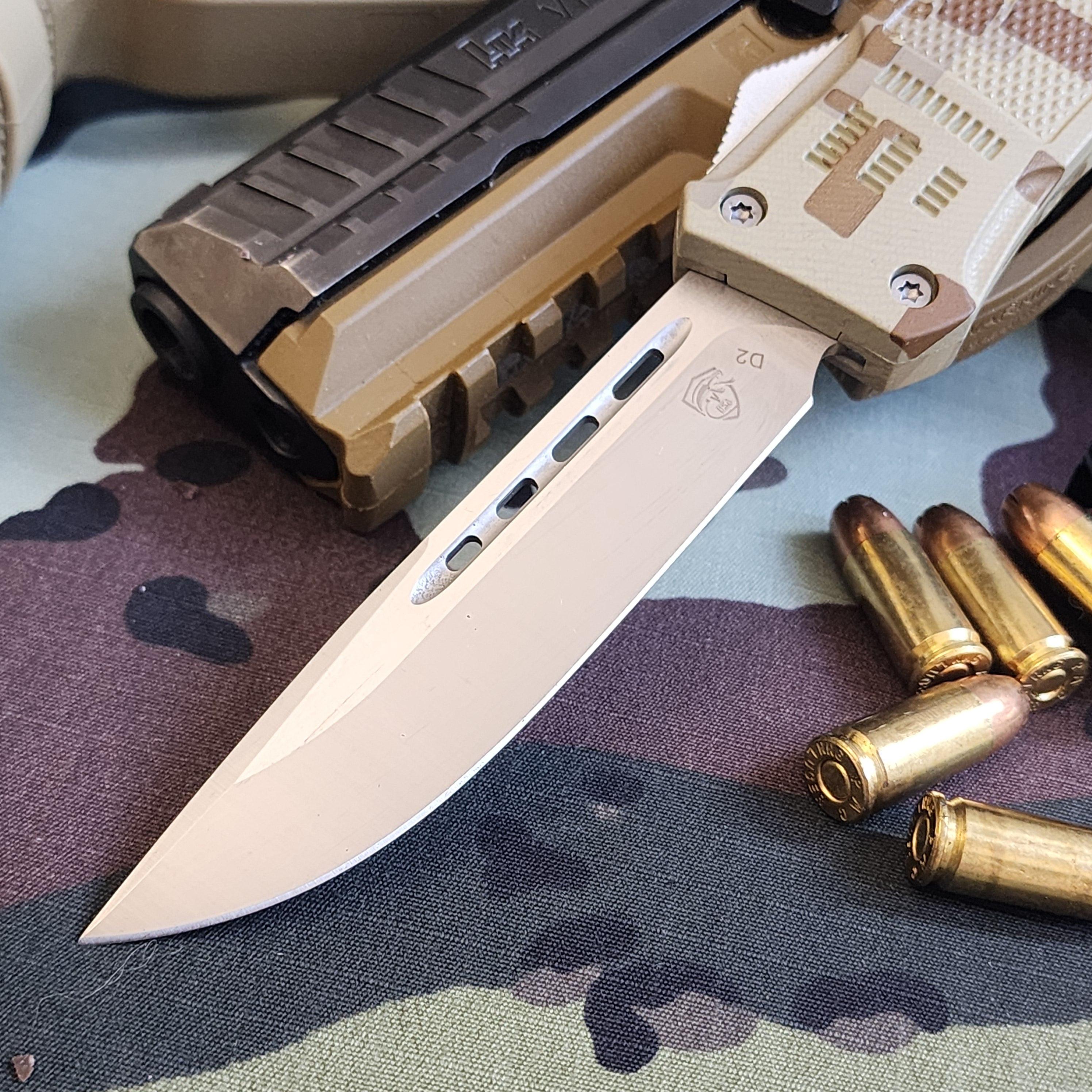 Tactical knife with a camouflage pattern background