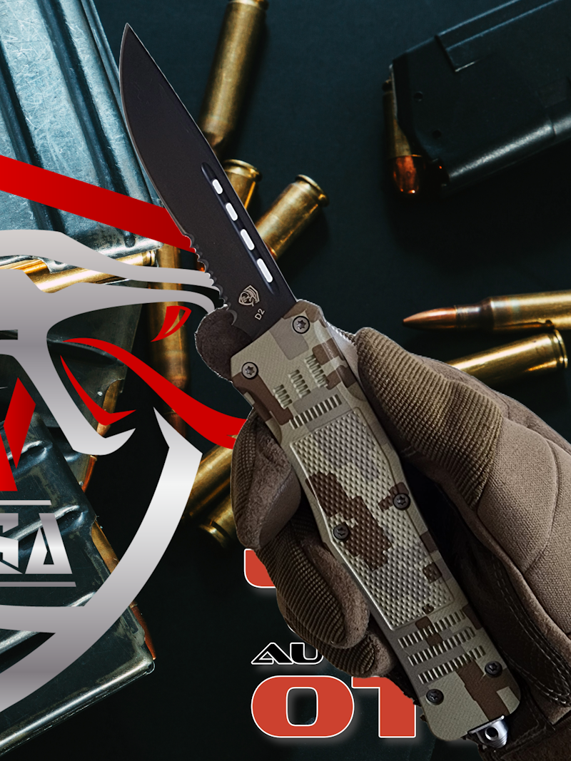 Venom 4TR-E ULTRA OTF Knife in Digital Camo, featuring superior durability and black drop point blade design