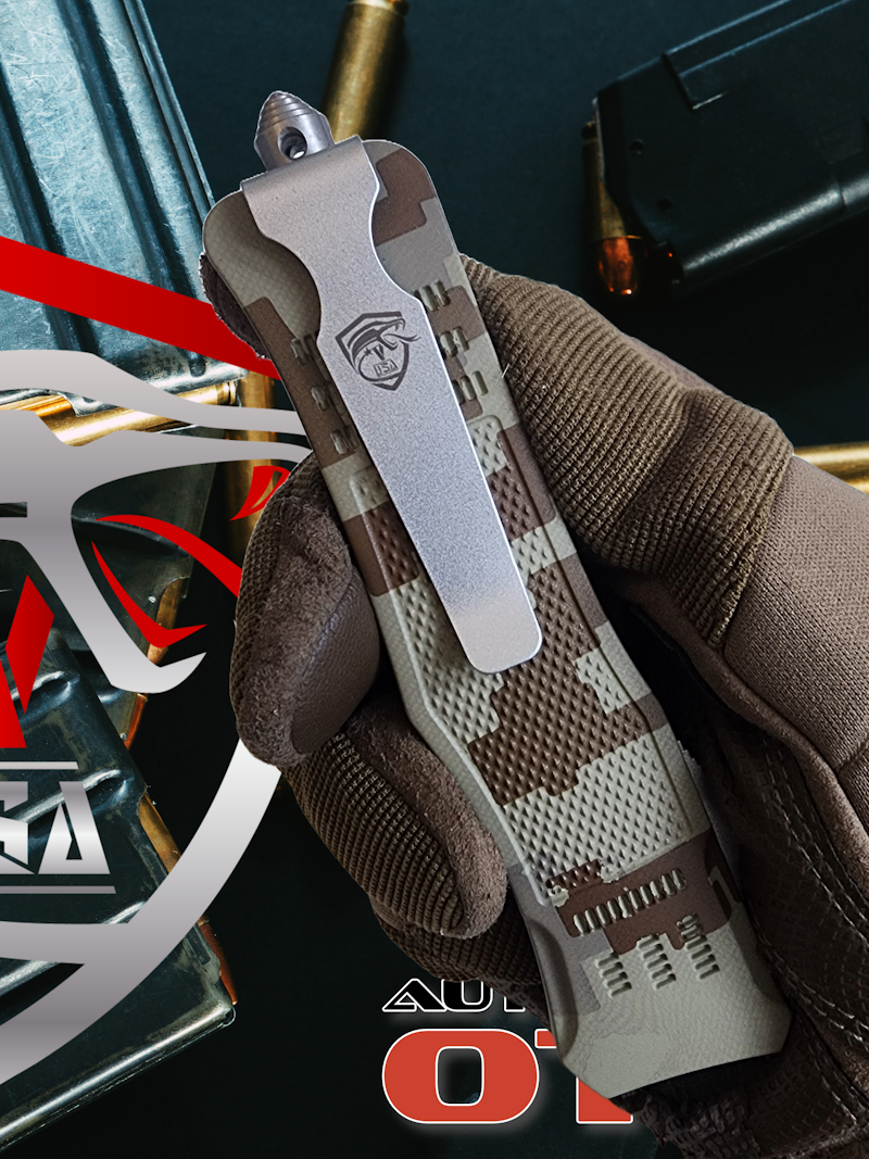 Venom 4TR-E ULTRA OTF knife with satin drop point blade in digital camo, featuring precision cutting and durable design