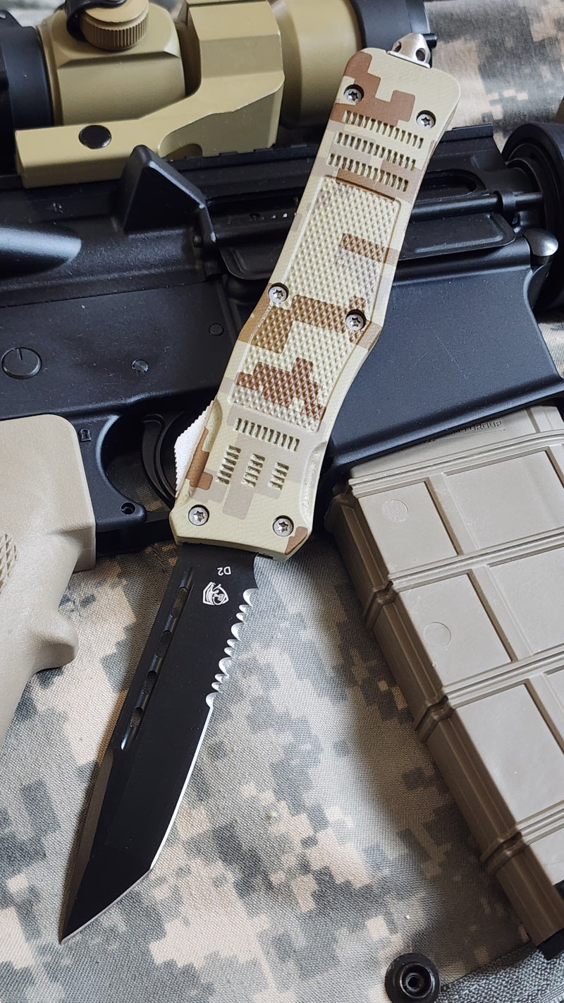 Venom 4TR-E ULTRA OTF Knife with rugged digital camo handle, high-performance tactical automatic blade