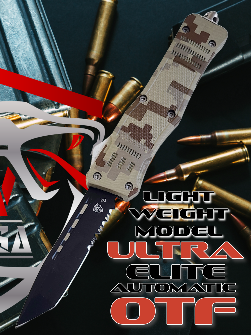 Venom 4TR-E ULTRA OTF Knife with rugged digital camo handle, high-performance tactical automatic blade