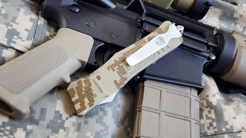 Venom 4TR-E ULTRA OTF Knife with rugged digital camo handle, high-performance tactical automatic blade