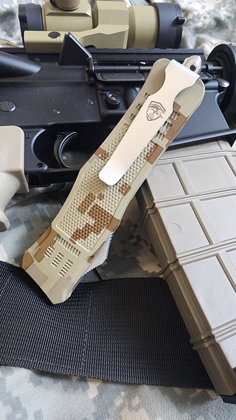 Venom 4TR-E OTF Knife in Digital Camo with satin double edge blade, ultra sharp and tactical folding knife.