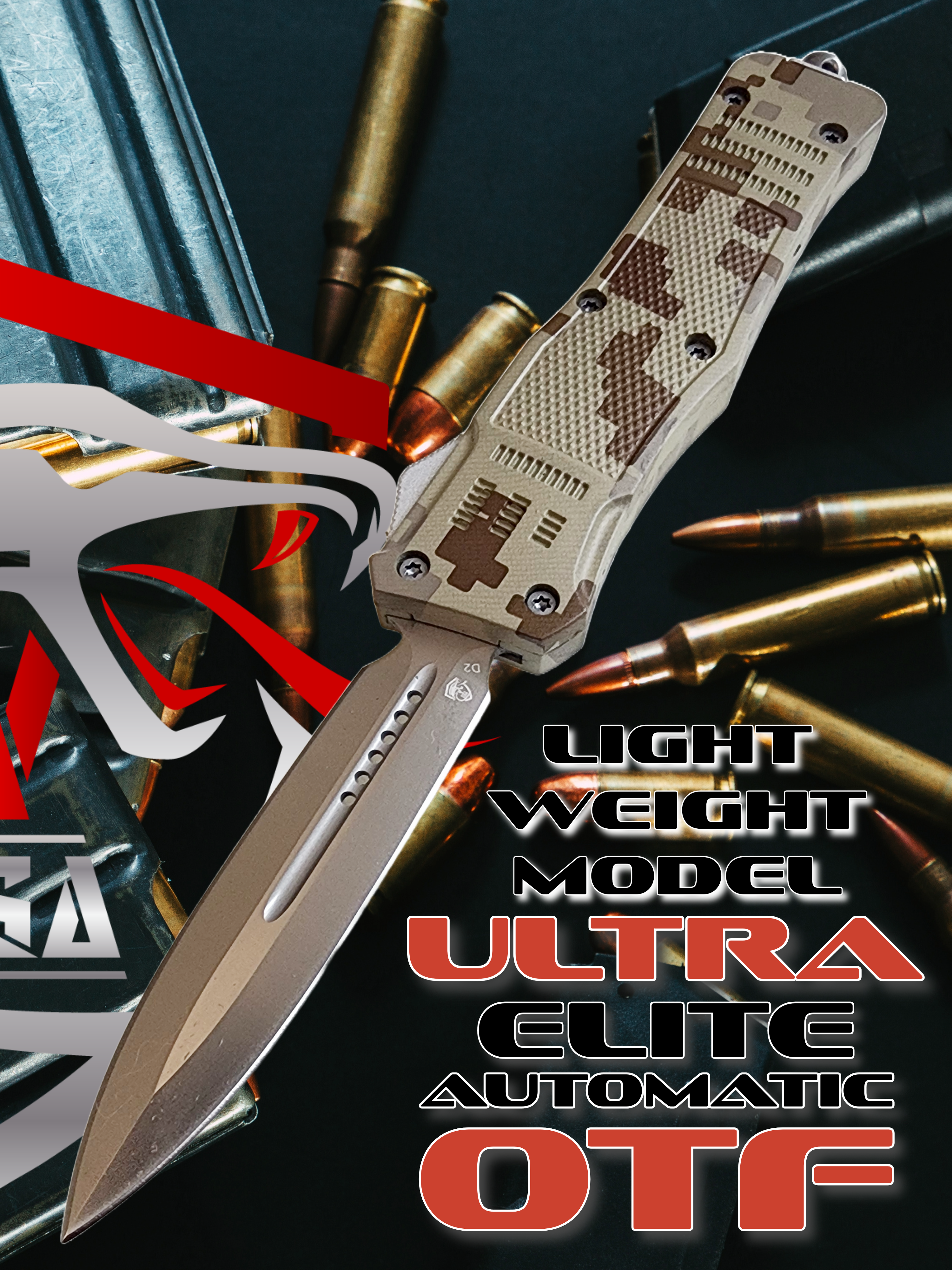 Venom 4TR-E OTF Knife in Digital Camo with satin double edge blade, ultra sharp and tactical folding knife.