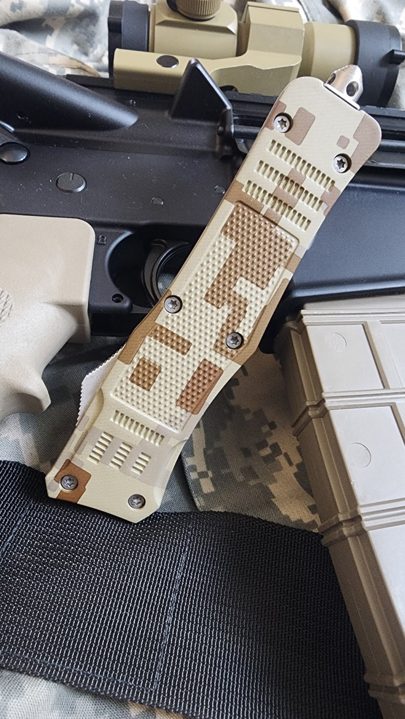 Venom 4TR-E OTF Knife in Digital Camo with satin double edge blade, ultra sharp and tactical folding knife.