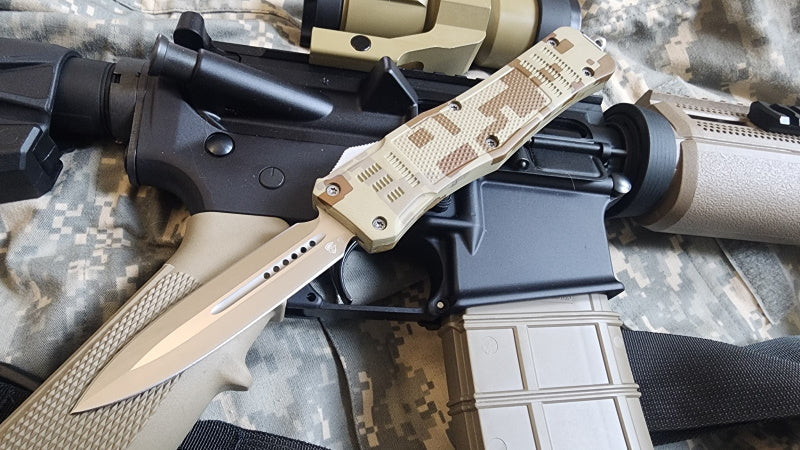 Venom 4TR-E OTF Knife in Digital Camo with satin double edge blade, ultra sharp and tactical folding knife.
