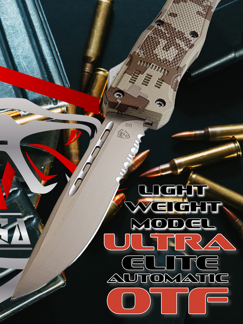 Venom 4TR-E ULTRA OTF knife with satin drop point blade in digital camo, featuring precision cutting and durable design