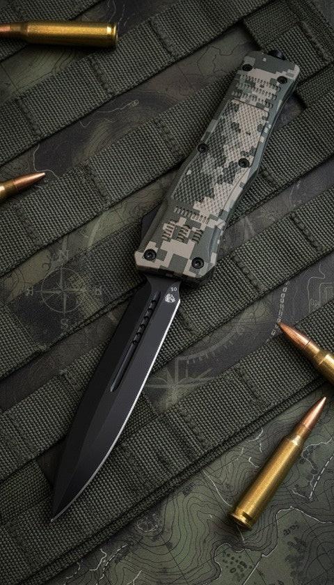 Venom 4TR ELITE Tactical OTF Knife in ACU Black DE, 3.4-inch blade, premium automatic deployment