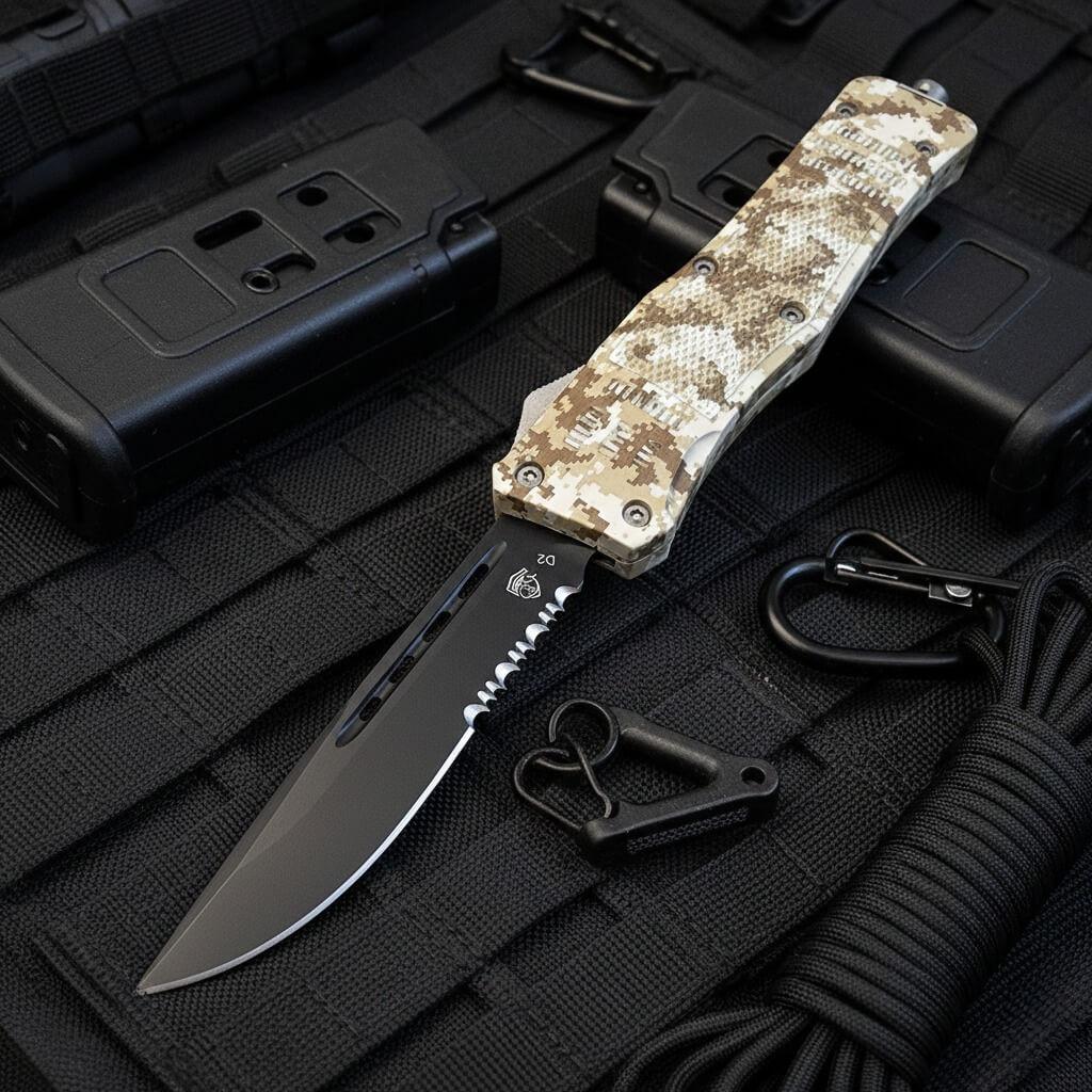 Venom 4TR ELITE Tactical OTF knife in Desert Digital by Black DP Par Ser, ideal for tactical use and durability