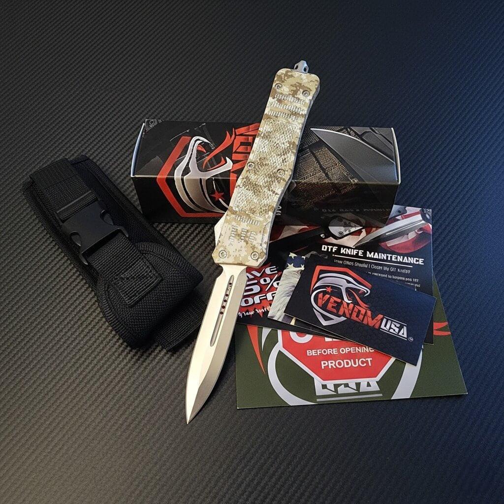 Venom 4TR ELITE Tactical OTF Knife in Desert Digital - Satin DE finish, precision blade for tactical use