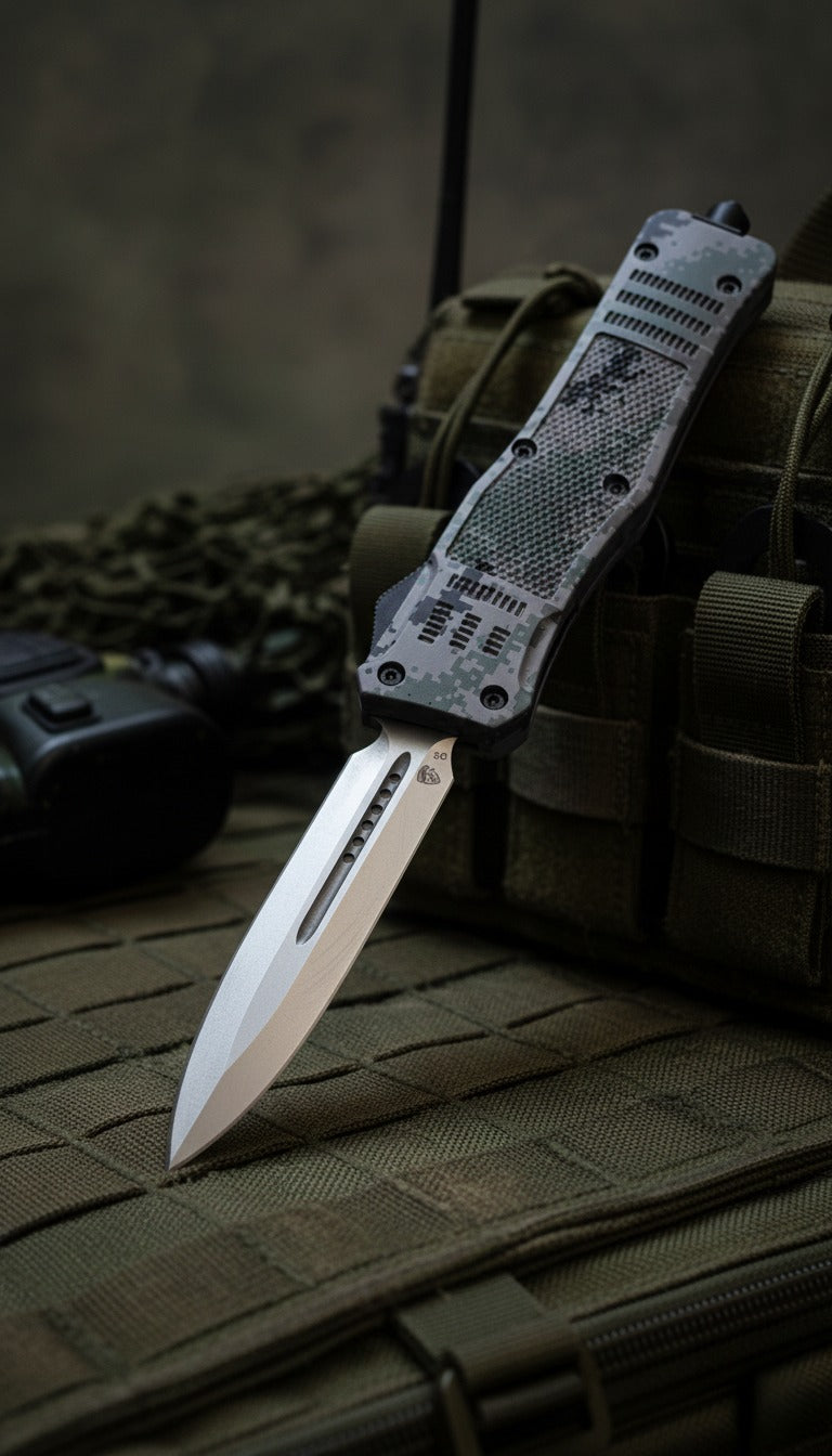 Automatic knife on a tactical pouch with a dark background