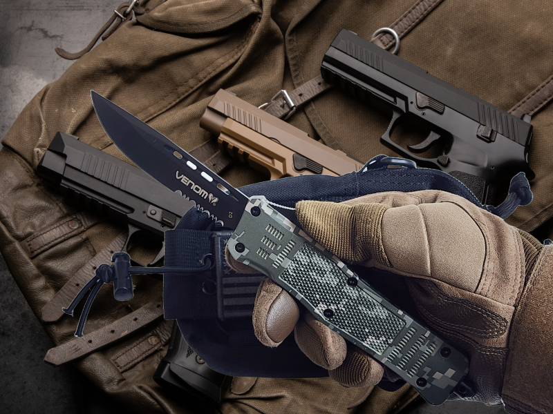 Venom 4TR ELITE Tactical OTF Knife - ACU Camo (Black Drop Point Par Ser3.4").