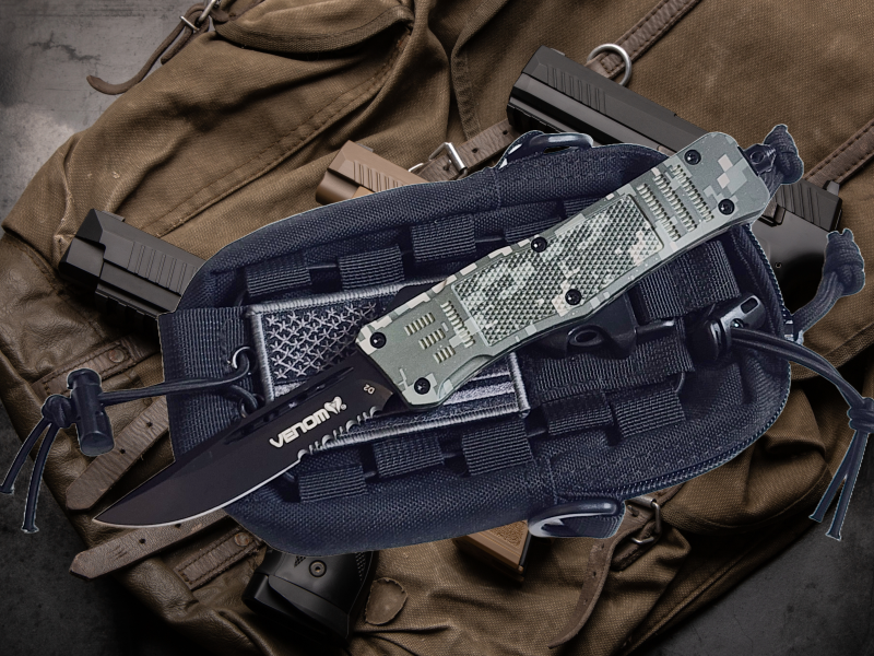 Venom 4TR ELITE Tactical OTF Knife - ACU Camo (Black Drop Point Par Ser3.4").