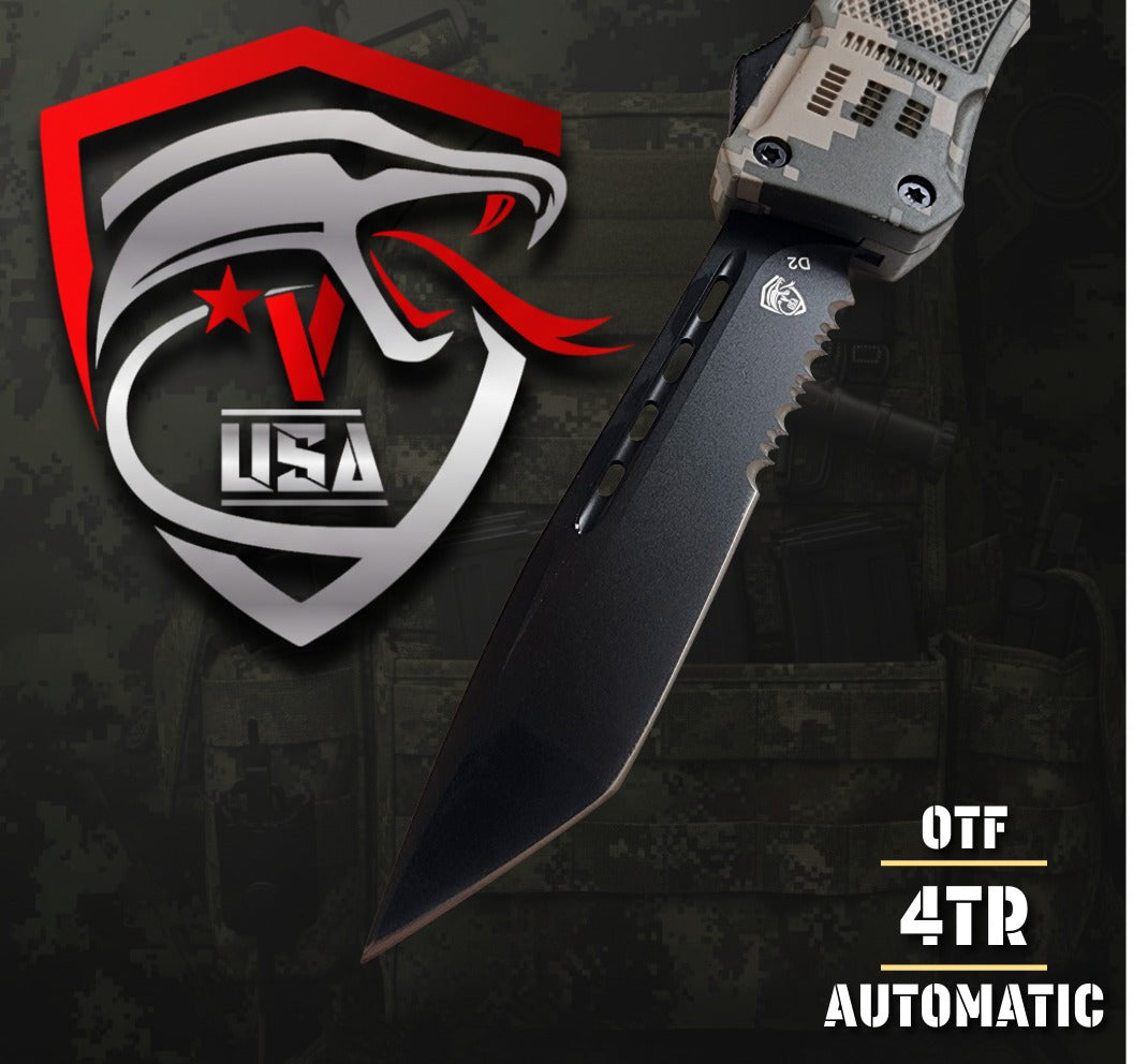 Venom 4TR ELITE Tactical OTF knife in ACU camo with black tanto blade, precision craftsmanship and durable design.