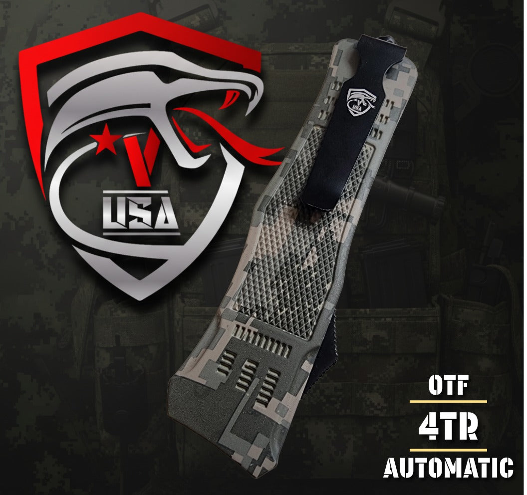 Venom 4TR ELITE Tactical OTF knife in ACU camo with black tanto blade, precision craftsmanship and durable design.