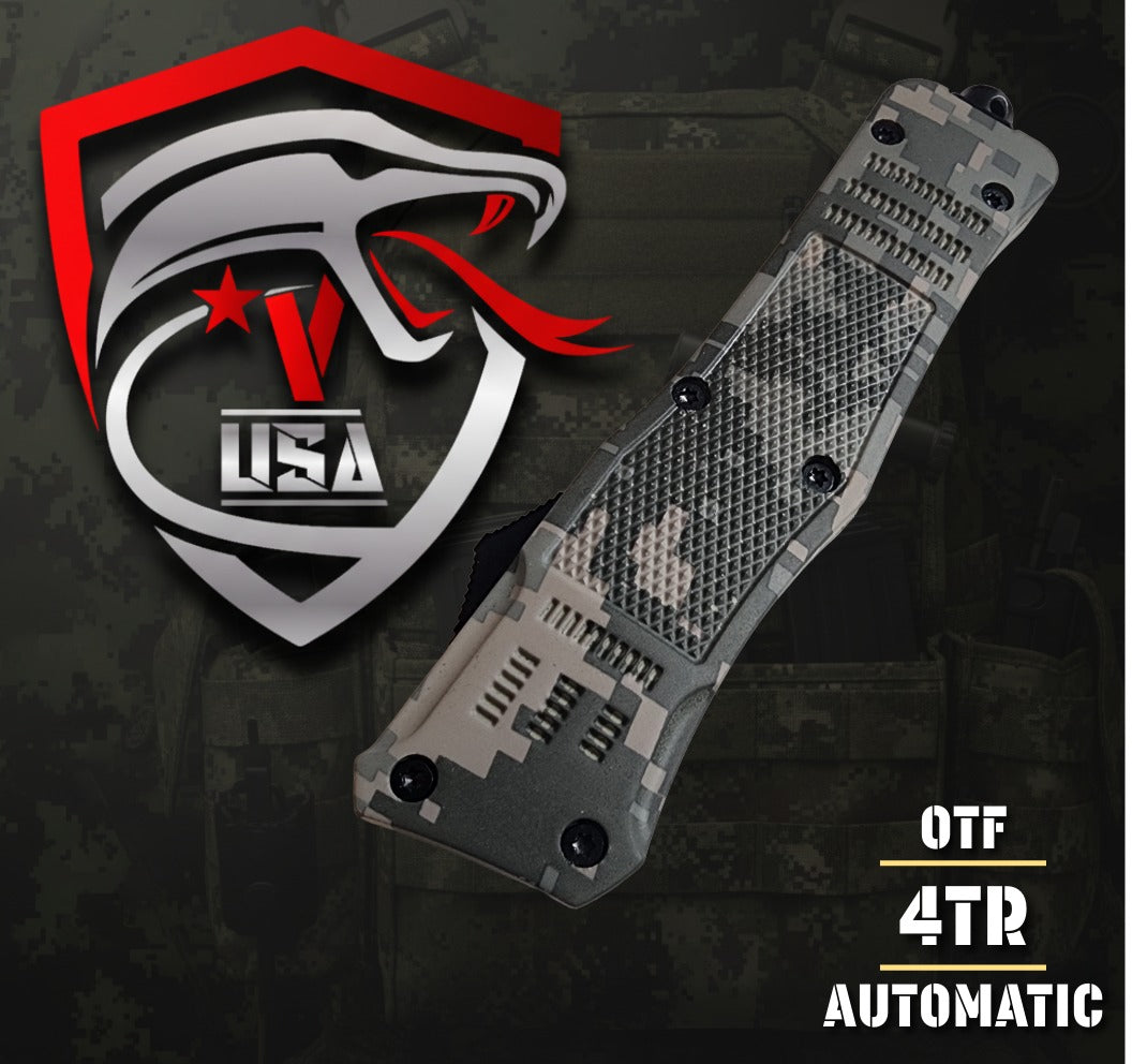 Venom 4TR ELITE Tactical OTF knife in ACU camo with black tanto blade, precision craftsmanship and durable design.