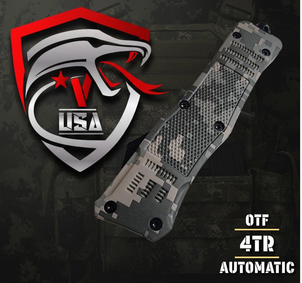 Venom 4TR ELITE Tactical OTF knife in ACU camo with black tanto blade, precision craftsmanship and durable design.