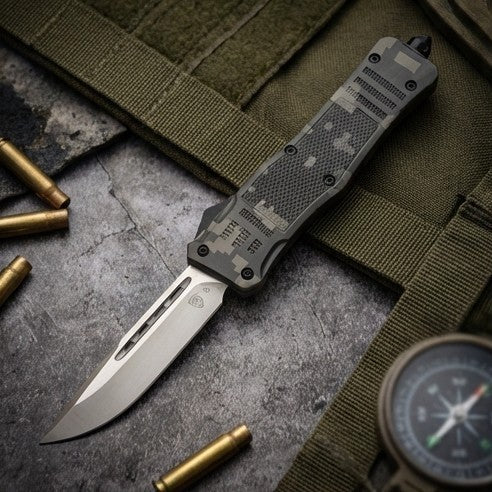 OTF knife with camouflage pattern on a tactical background with bullets and compass