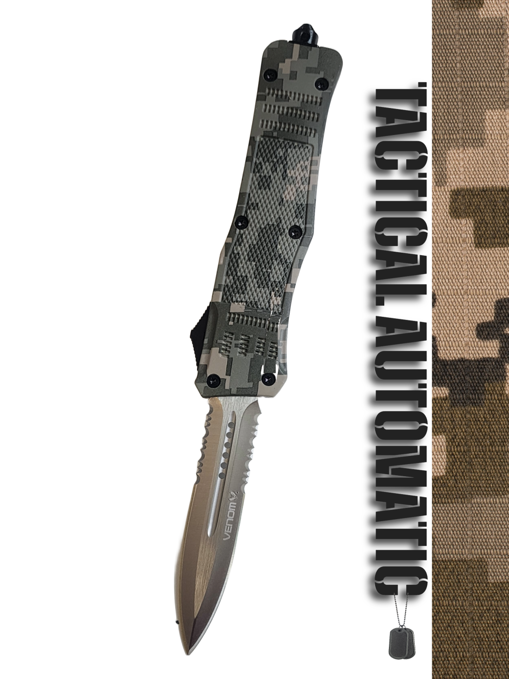 Venom 4TR ELITE Tactical OTF Knife - ACU Camo (Satin Double Edge Par Ser 3.4").