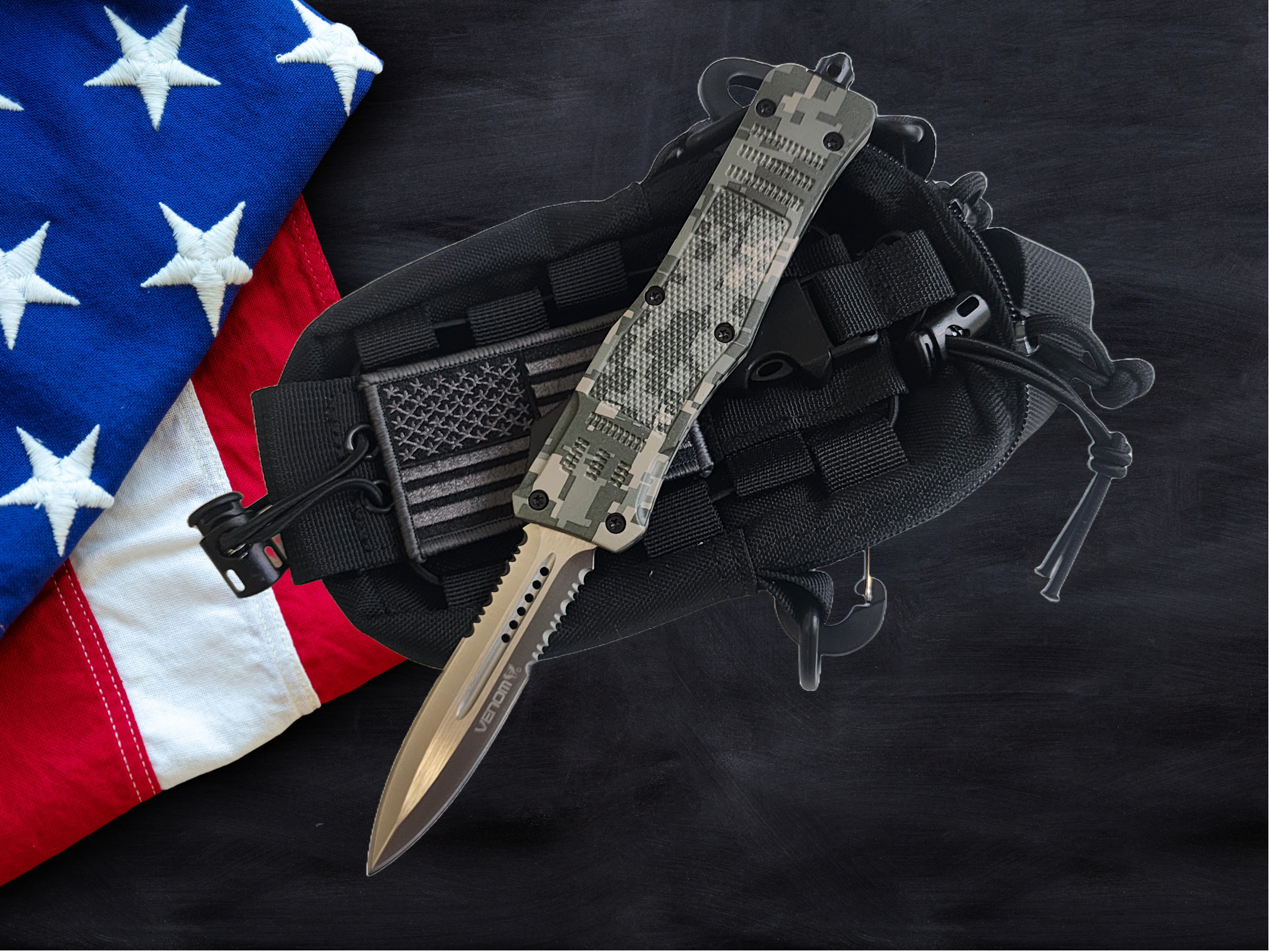 Venom 4TR ELITE Tactical OTF Knife - ACU Camo (Satin Double Edge Par Ser 3.4").