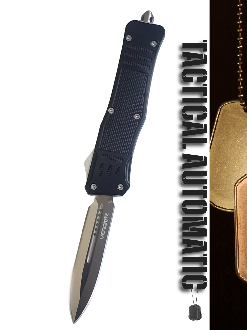 Venom 4TR ELITE Tactical OTF Knife - Black/Silver (Satin Double Edge 3.4").