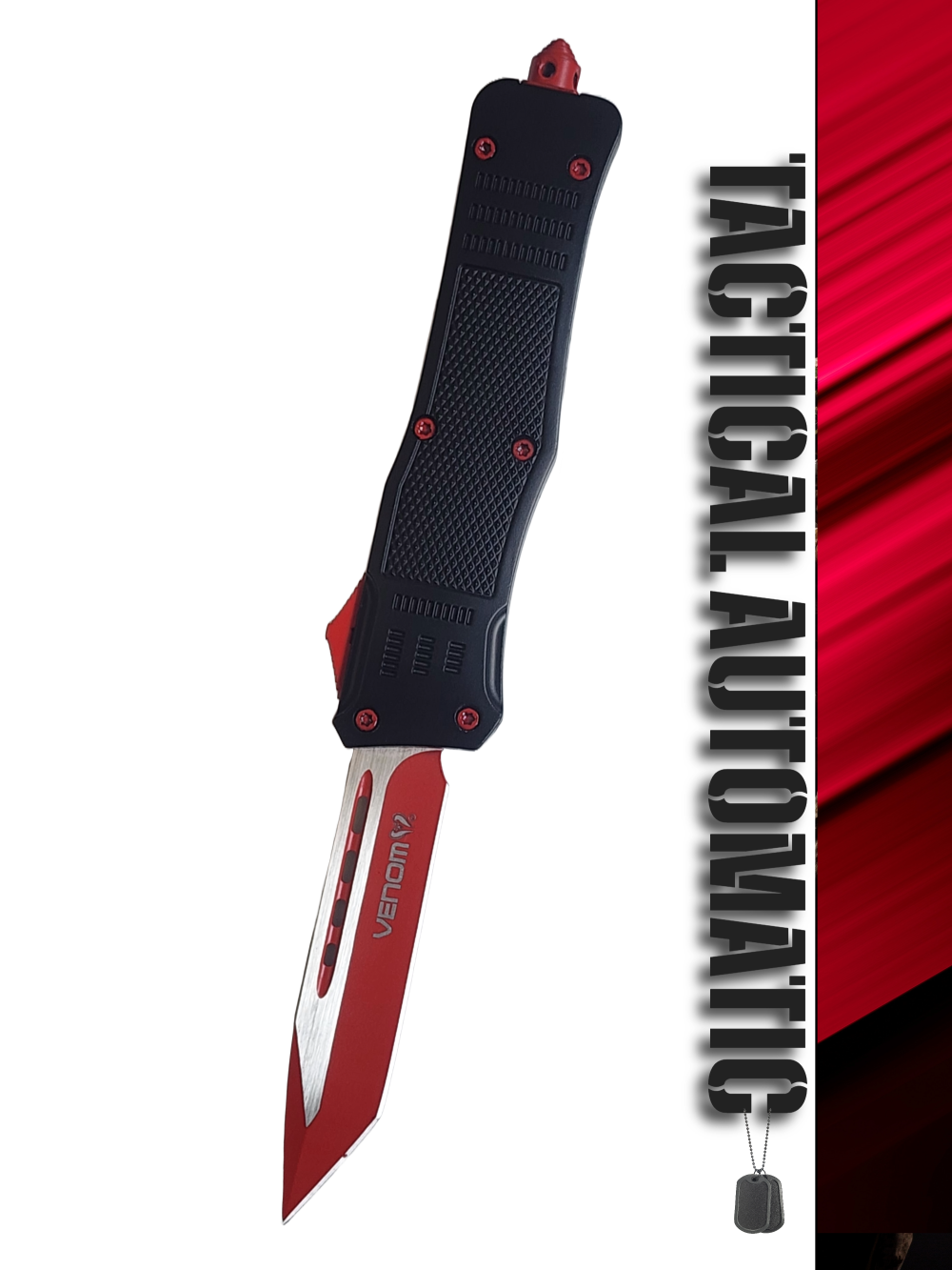 Venom 4TR ELITE Tactical OTF Knife - Black (Red Tanto 3.4").