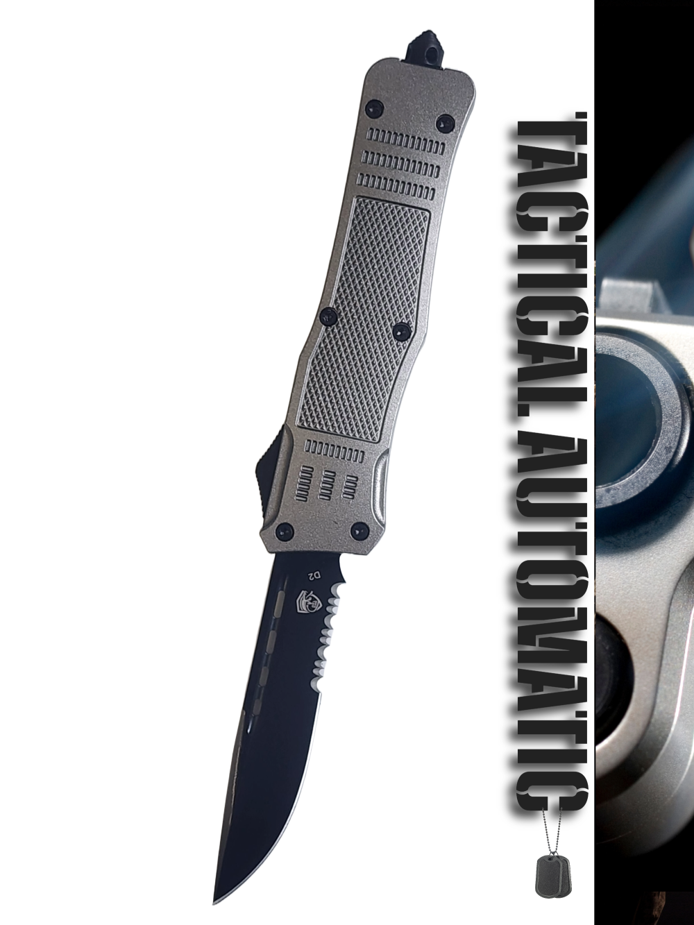 Venom 4TR ELITE Tactical OTF Knife - Silver Ghost (Black Drop Point Par Ser 3.4").