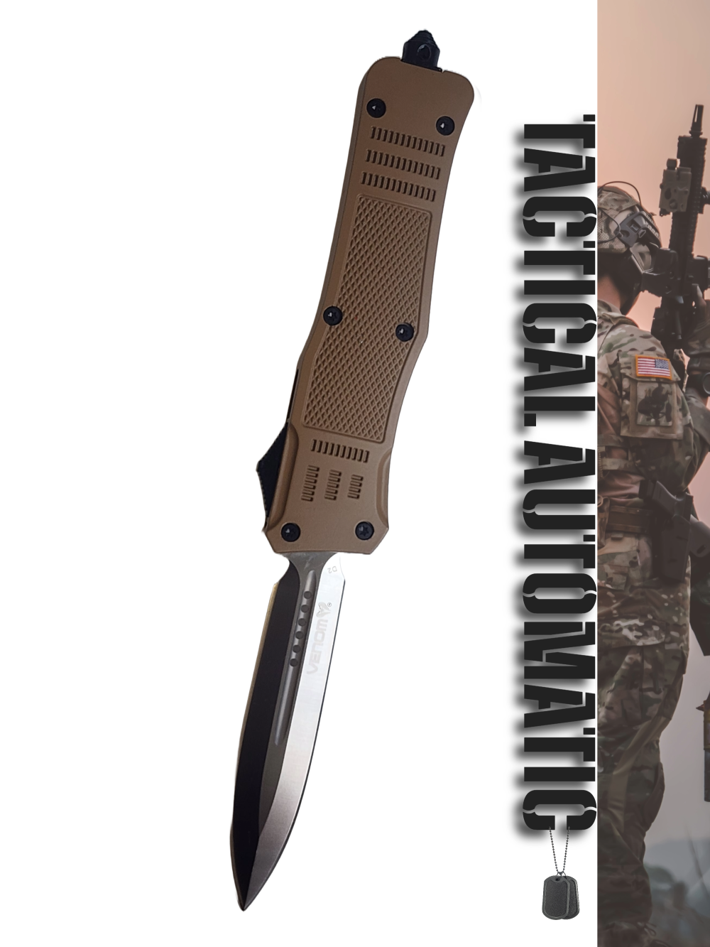 Venom 4TR ELITE Tactical OTF Knife - Tan (Satin Double Edge 3.4").
