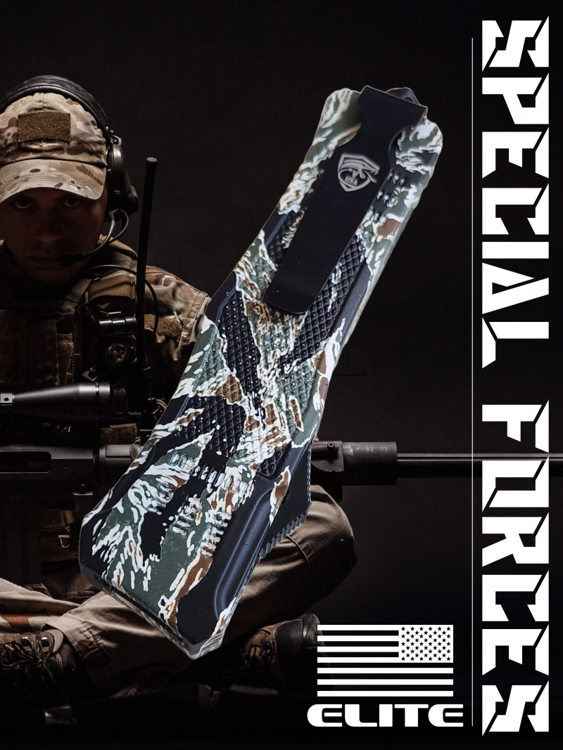 Venom 4TR ELITE Tactical OTF Knife - Tiger Camo (Black Tanto Par Ser 3.4").