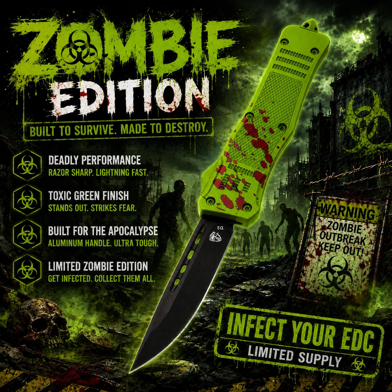Venom 4TR ELITE Zombie Gen 2 OTF Knife - (Black Drop Point 3.4)