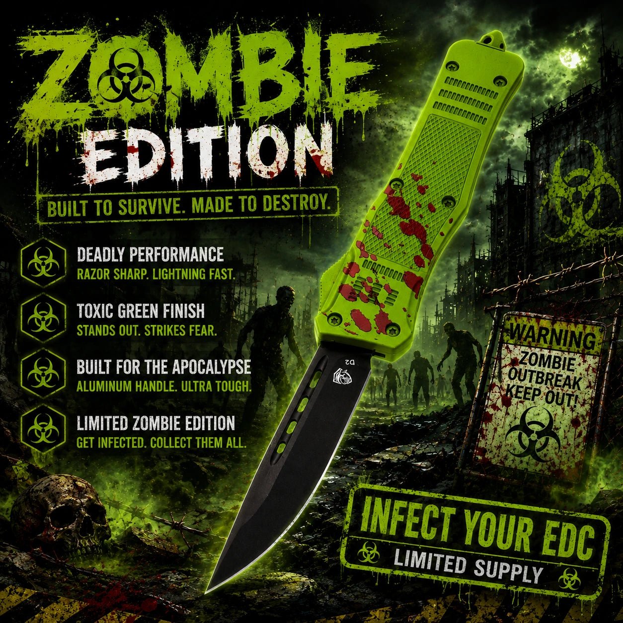 Venom 4TR ELITE Zombie Gen 2 OTF Knife - (Black Drop Point 3.4)