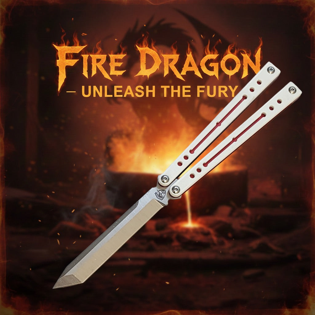 Folding knife with 'Fire Dragon' branding against a fiery background