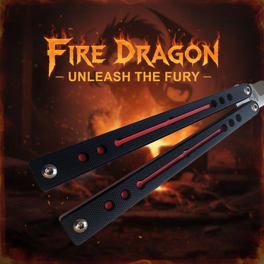 Venom Fire Dragon Balisong featuring G10 Black/Gold handles and Satin Tanto 4.0 blade, perfect for collectors