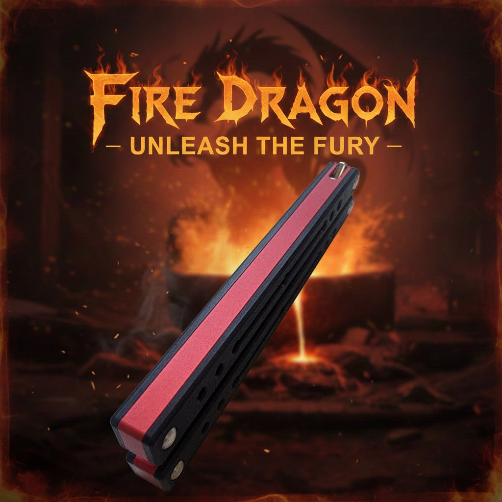 Red and black knife with 'Fire Dragon' text against a fiery background