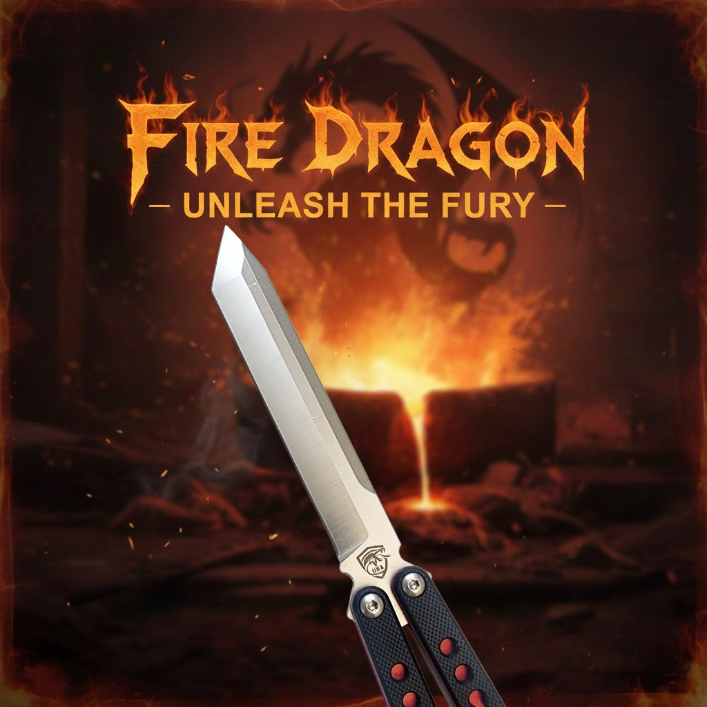 Knife with 'Fire Dragon' branding against a fiery background