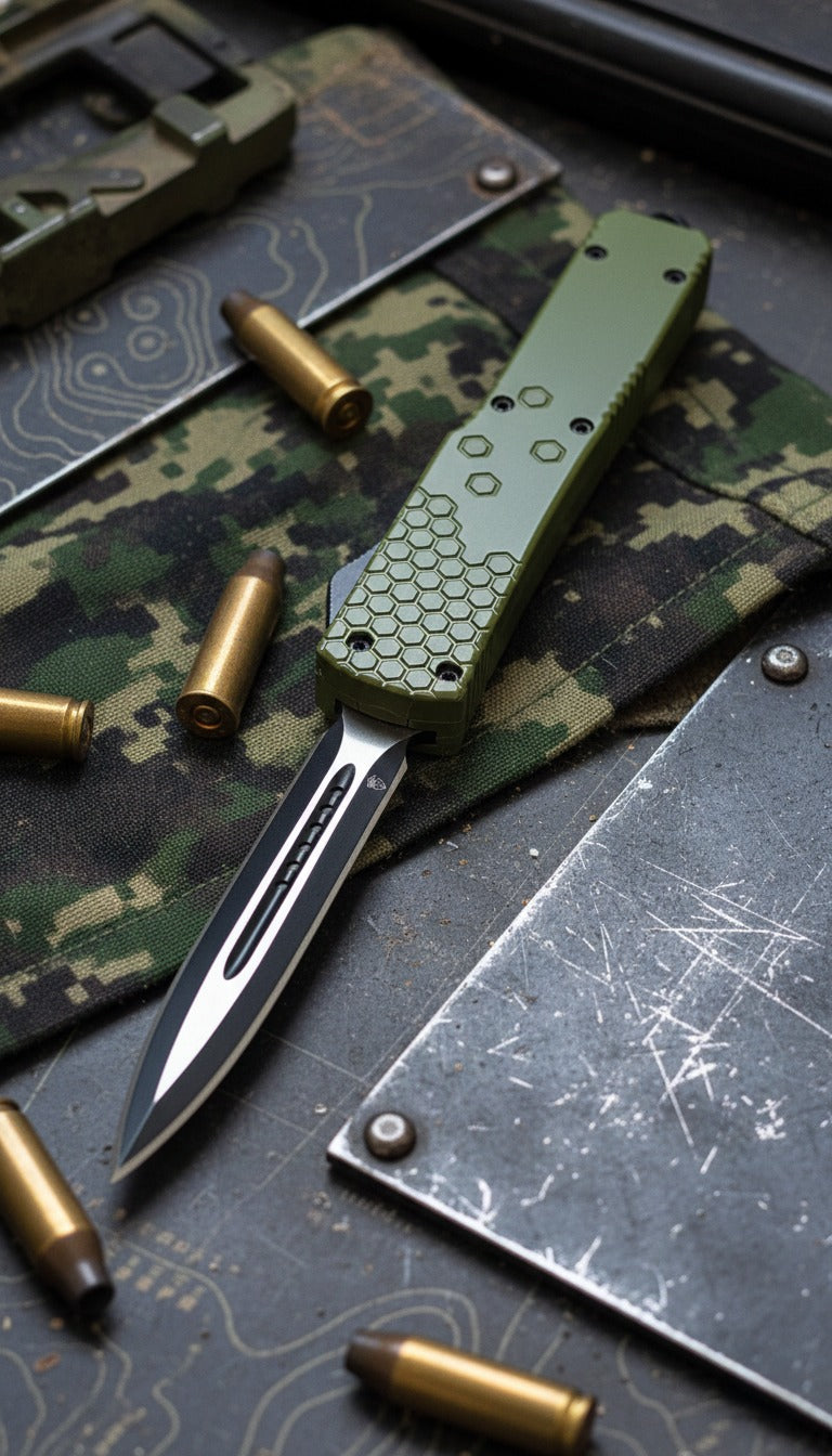 Green automatic knife with honeycomb pattern on a camouflage surface with bullets and tools.