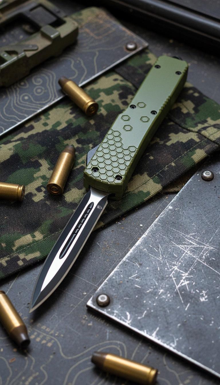 Green automatic knife with honeycomb pattern on a camouflage surface with bullets and tools.