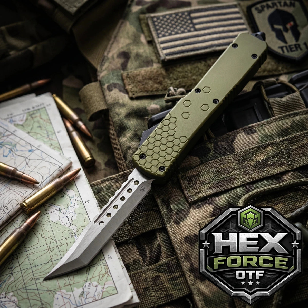 Venom Hex Force OTF knife in OD Satin Spartan 3.25 showcasing luxury design, precision craftsmanship, and unique venom-inspired aesthetics