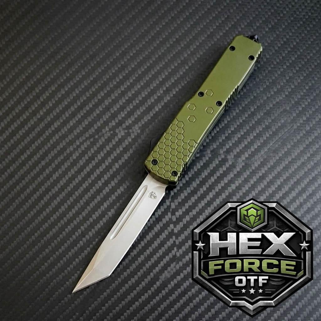Venom Hex Force OTF tactical knife with satin tanto 3.25-inch blade in OD green, ideal for precise outdoor use