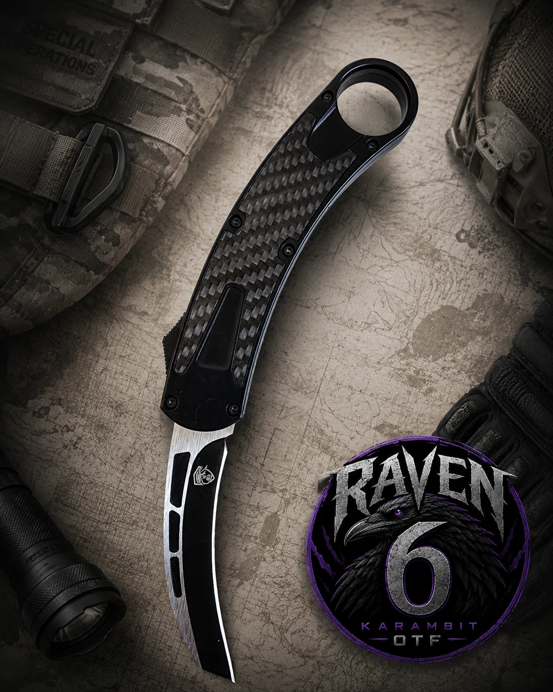 Venom Raven 6 Karambit Carbon Fiber OTF Automatic Knife