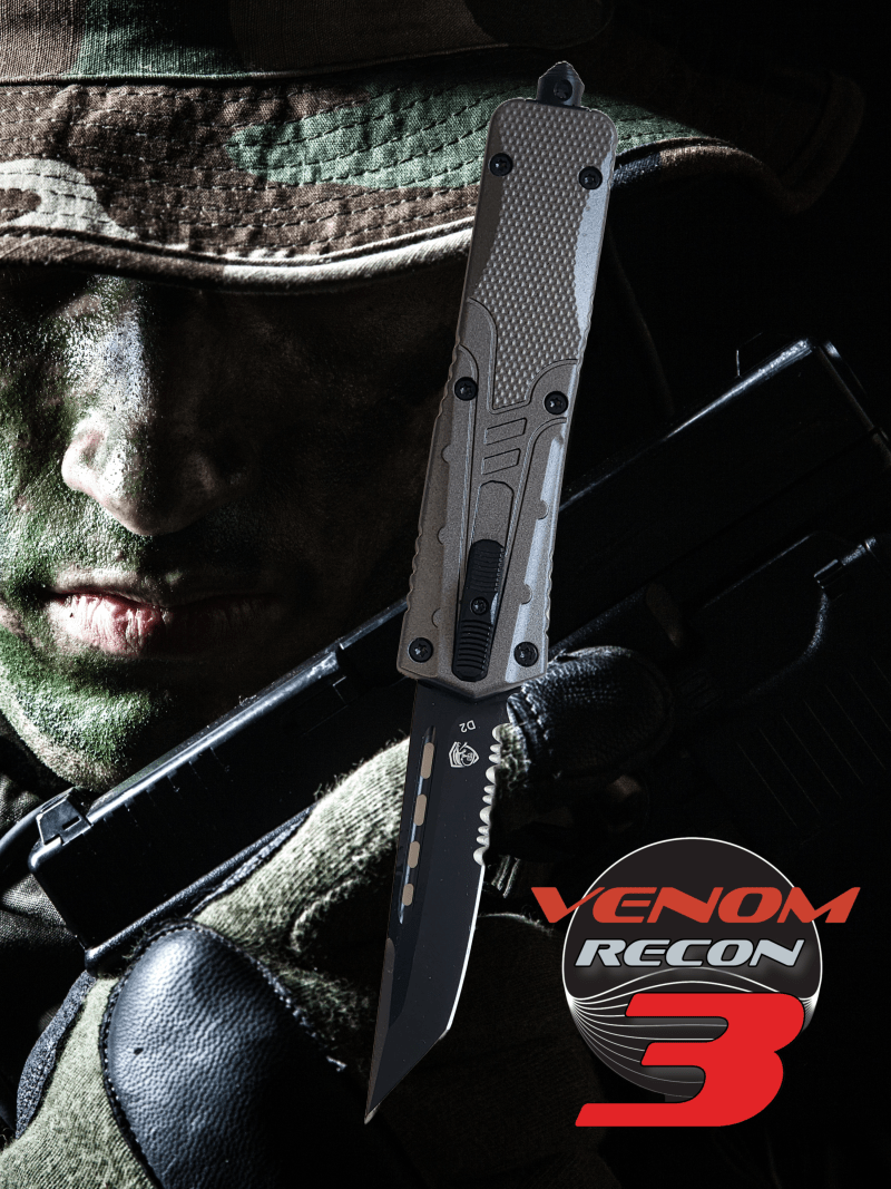 Venom Recon 3 Automatic OTF Knife - Gray (Black Tanto Par Ser 3.25").